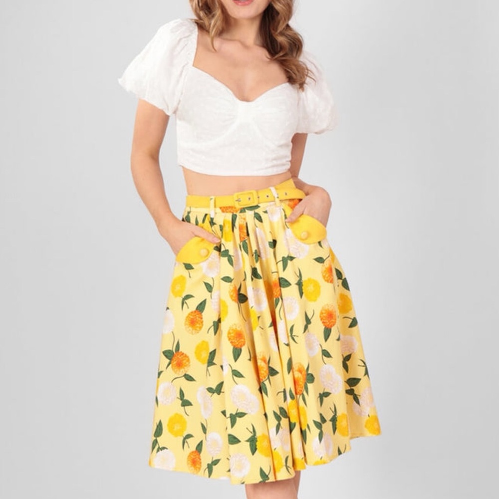 Collectif Dakota Sunny Yellow Floral Swing Skirt US 16 1X - Picture 3 of 15